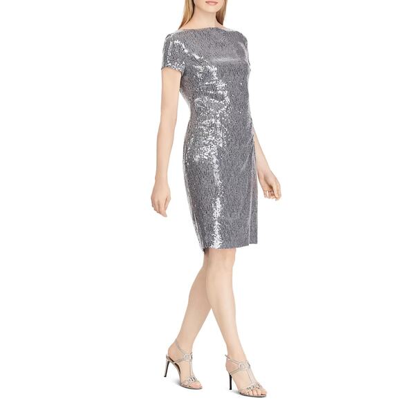 Ralph Lauren Sequined Short Sleeve Boat Neck Sheath Cocktail Dress Gray Size 4 - Picture 12 of 13